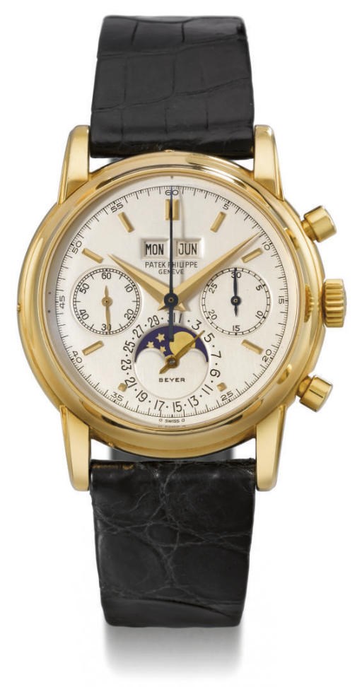 Patek Philippe. An extremely fine and rare 18K gold perpetual calendar chronograph wristwatch with phases of the moon