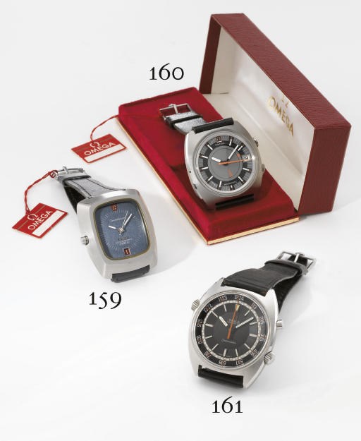 Omega. An unusual and large stainless steel cushion-shaped self-winding water-resistant wristwatch with sweep centre seconds, date, alarm, original sales tag and box