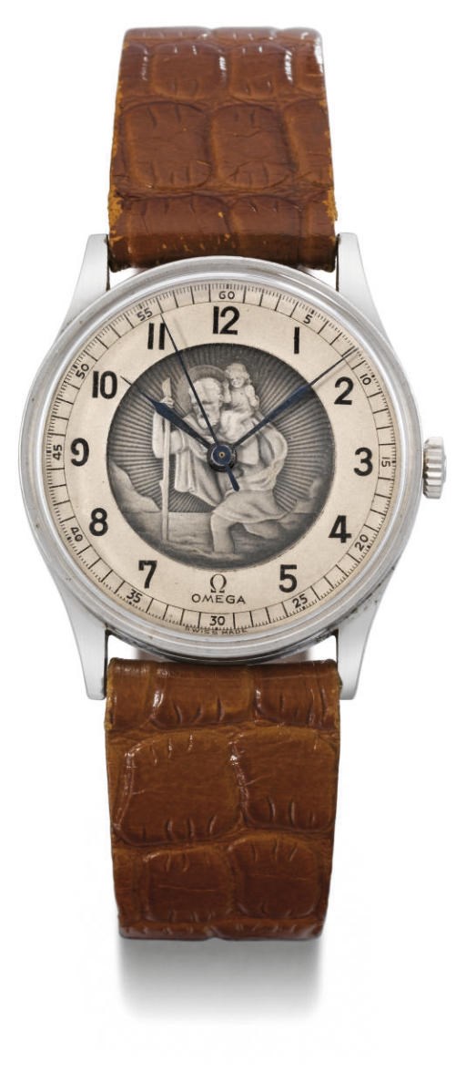 Omega. An unusual and rare stainless steel wristwatch with sweep centre seconds and Saint Christopher dial