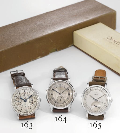 Omega. A fine and unusual stainless steel chronograph wristwatch with two-tone silvered dial