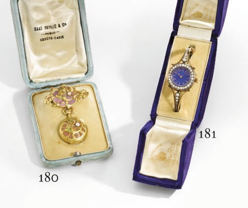 Haas Neveux. A fine and unusual 18K gold, plique-a-jour enamel and pearl-set Art Deco pendant watch with brooch and box