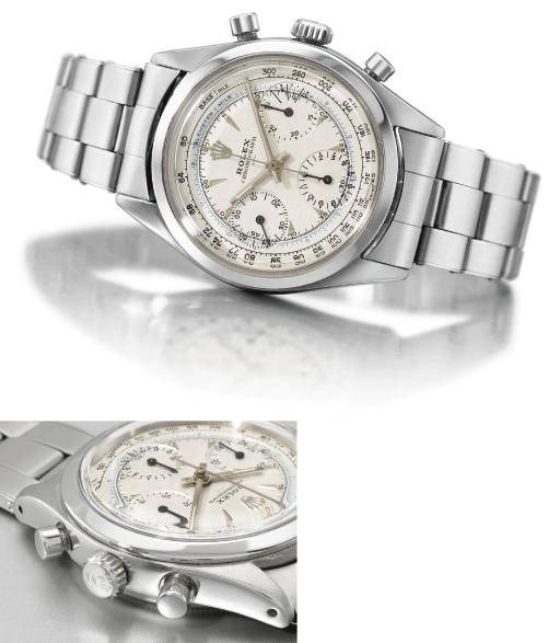 Rolex. A very fine and rare stainless steel water-resistant chronograph wristwatch with bracelet and transitional dial