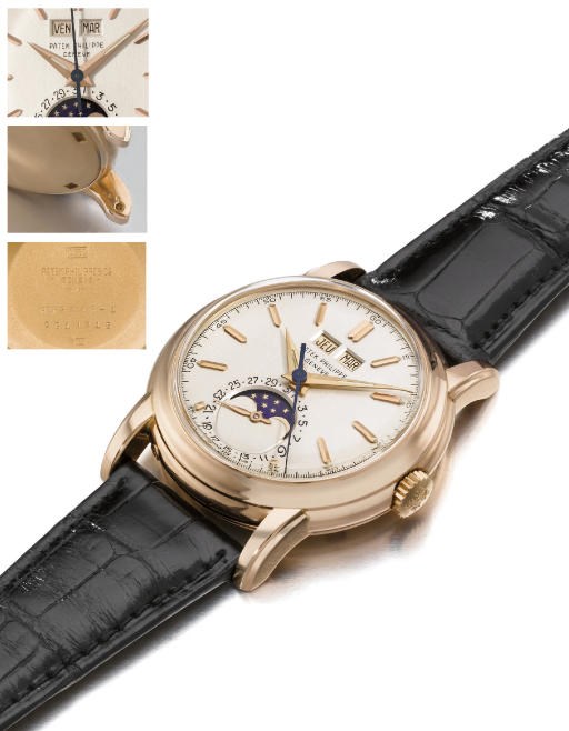 Patek Philippe. An extremely fine and rare 18K pink gold water-resistant perpetual calendar wristwatch with sweep centre seconds, phases of the moon, screw back and luminous hour markers and hands