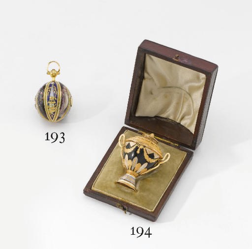 Swiss. A fine 18K gold and enamel urn-shaped verge watch with original box