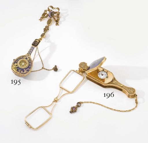 Bichler & Hartmann. A fine and rare 18K gold, enamel and diamond-set lorgnette and concealed watch