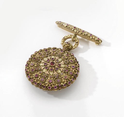 Moulinie, Bautte & Moynier. An unusual 18K gold, emerald and ruby-set hunter case cylinder watch and brooch