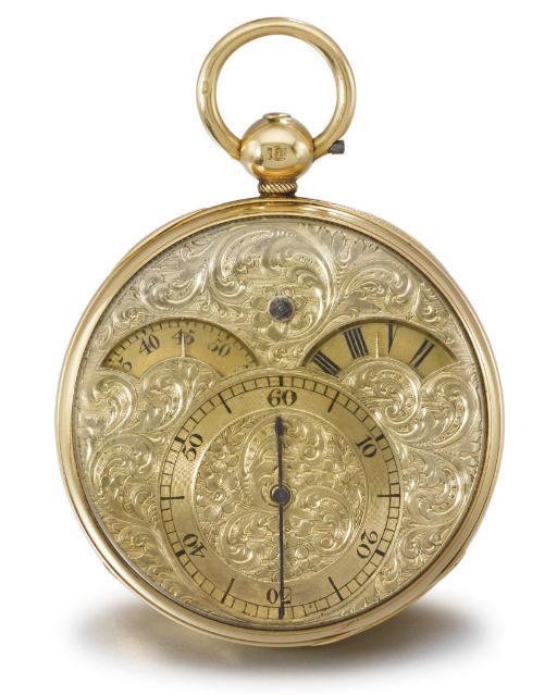 Prest. A highly rare and unusual 18K gold openface splittable seconds watch with sector time indication