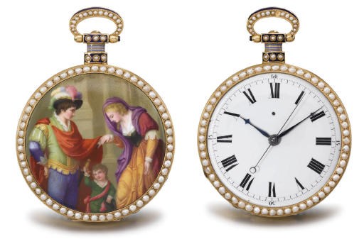 Swiss. A very fine and rare 18K gold, enamel and pearl-set openface centre seconds cylinder watch, made for the Chinese Market, enamel in the manner of Victor Dupont