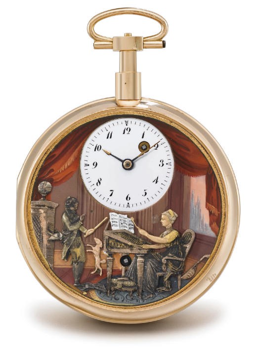 Swiss. A very fine and rare 18K gold and enamel musical automaton watch
