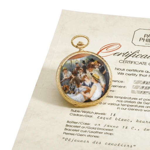 Patek Philippe. A very fine and unique 18K gold hunter case keyless lever watch with enamel miniature "Dejeuner des Canotiers" after Renoir by G. Menni and original certificate
