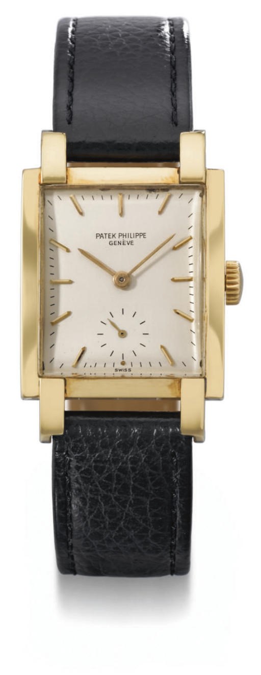Patek Philippe. A very fine and rare 18K gold rectangular curved wristwatch