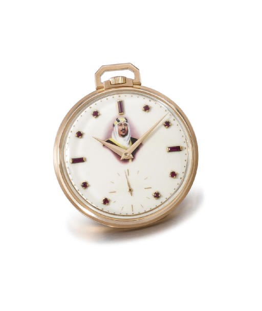 Patek Philippe. A very fine and rare 18K pink gold openface keyless lever watch with ruby-set enamel dial with the portrait of King Saud bin Abdul Aziz