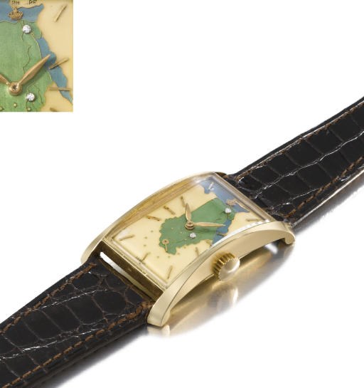 Patek Philippe. A very fine and unique 18K gold rectangular-shaped wristwatch with cloisonne enamel dial depicting the map of Egypt and Sudan