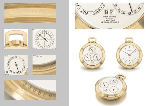 Patek Philippe. An extremely important and one of only two known 18K gold double-dialled keyless lever watch with secular "true" perpetual calendar and year indication, made for Seth B. Atwood