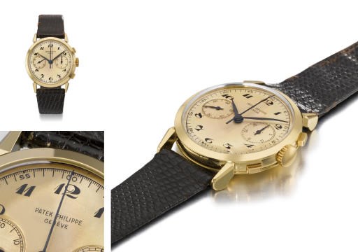 Patek Philippe. An extremely fine and rare 18K gold chronograph wristwatch with black Breguet numerals and oversized subsidiary dials