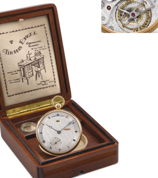 Thomas Engel. A very fine and rare 18K gold openface keyless lever watch with up and down indicator, Guillaume balance, R. Daners' one minute tourbillon regulator, original certificate, Bulletin de Marche and box