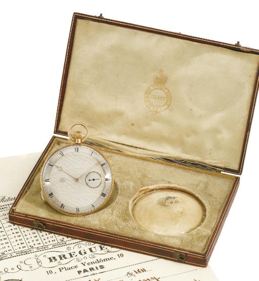 Jump. An 18K gold openface keyless lever watch with box