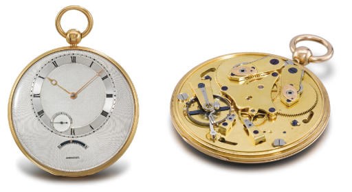 Breguet. An extremely fine, large and rare 18K gold openface "montre simple" lever watch with two barrels, made on the principles of the "garde temps"