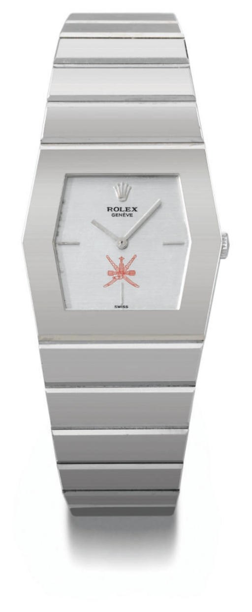 Rolex. An unusual 18K white gold hexagonal wristwatch with bracelet, made for the Sultanate of Oman