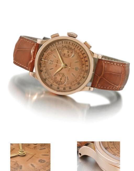 Rolex. A fine, rare and large 18K pink gold chronograph wristwatch with pink dial