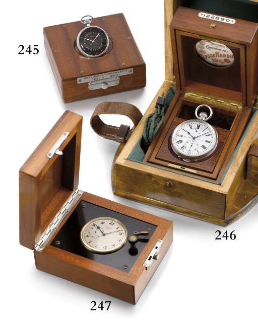 Breguet. A chromed water-resistant openface keyless lever navigation watch with indirect sweep centre seconds, hack feature, black 24 hour dial and wooden box