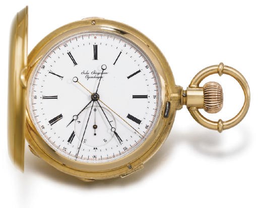 Jules Jürgensen. A fine and rare 18K gold hunter case two train independent split seconds keyless lever watch with flying fifths of a second