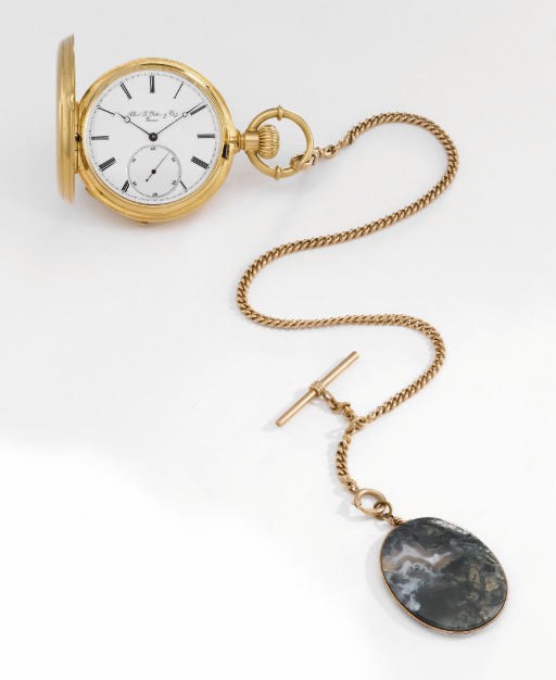 Albert Potter. A fine 18K gold hunter case keyless lever watch with gold chain and agate fob