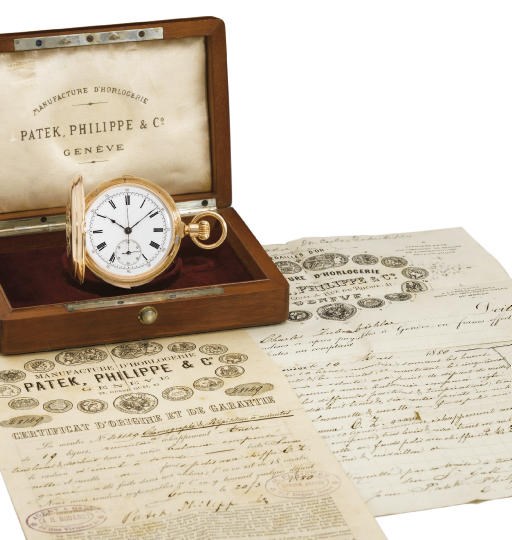 Patek Philippe. A very fine and large 18K gold hunter case minute repeating keyless lever chronograph watch with original invoice, certificate and box