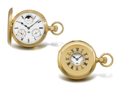 Patek Philippe. A highly unusual, early and historically interesting 18K gold half hunter case perpetual calendar keyless lever watch with unusual month indication