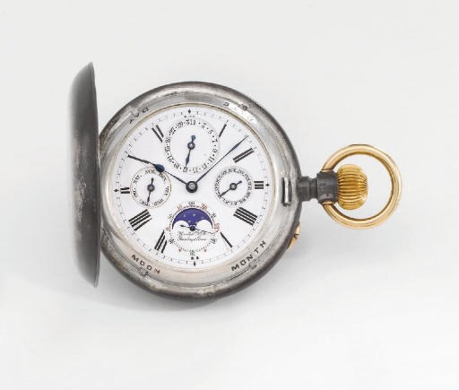 Marcks & Co. An unusual and rare nielloed silver and gold hunter case two train 8-day full calendar keyless lever watch with phases of the moon and Paillard patent palladium spring