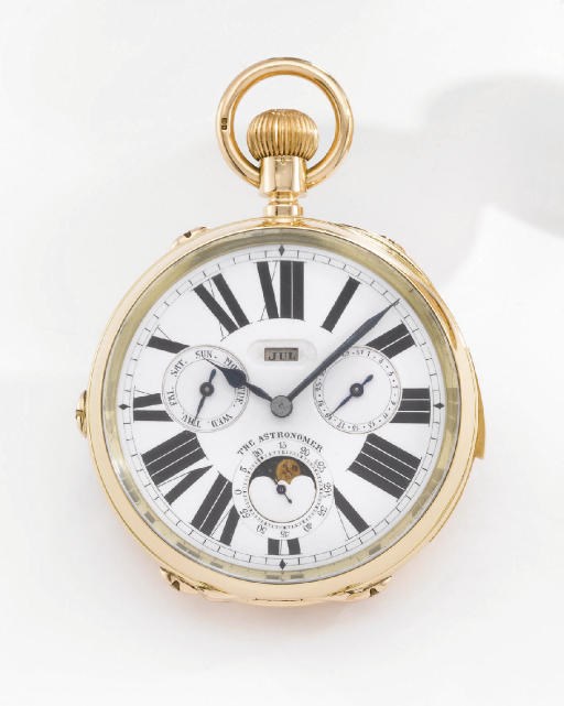 Swiss. A very fine, large and unusual 18K gold openface minute repeating triple calendar keyless lever watch with phases of the moon