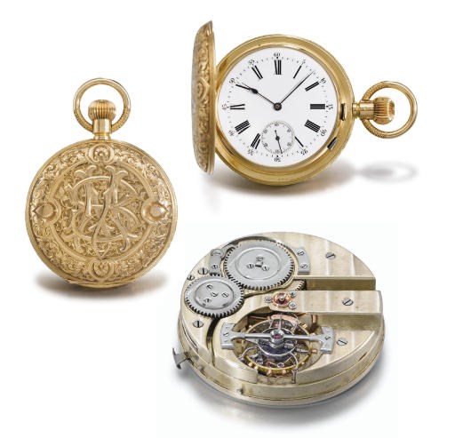 Ernest Guinand. A fine and rare 18K gold hunter case keyless pocket chronometer with one minute tourbillon, made for the South American Market