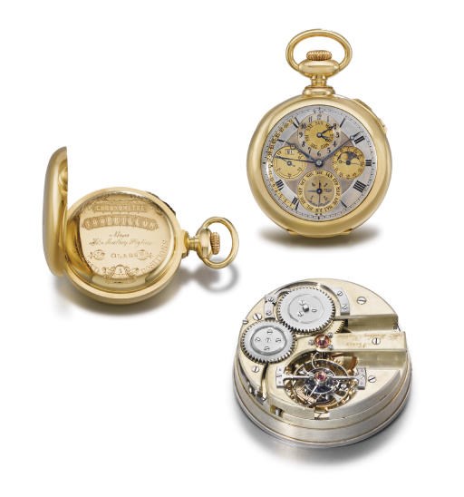 Mathey-Peytieu. An extremely fine and rare 18K gold openface perpetual calendar dual time keyless pocket chronometer with phases of the moon, retrograde date, year display, one minute tourbillon and Bulletin de Marche
