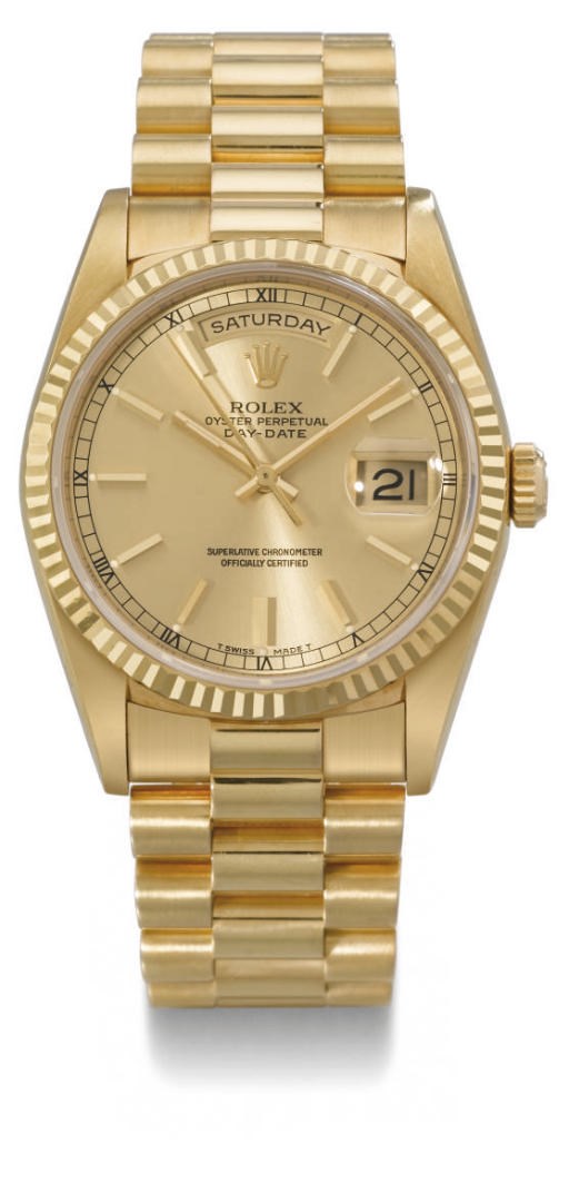 Rolex. An 18K gold water-resistant calendar wristwatch with sweep centre seconds and bracelet