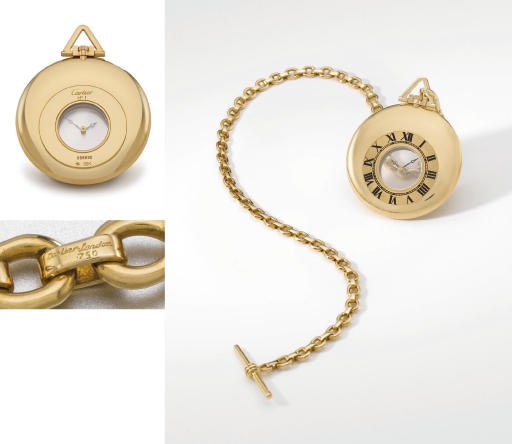 Cartier. An extremely fine and rare 18K gold limited edition "Mystery" dress watch with chain