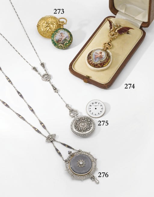 Patek Philippe. An exquisite 18K white and yellow gold, enamel and diamond-set openface pendant watch with original chain