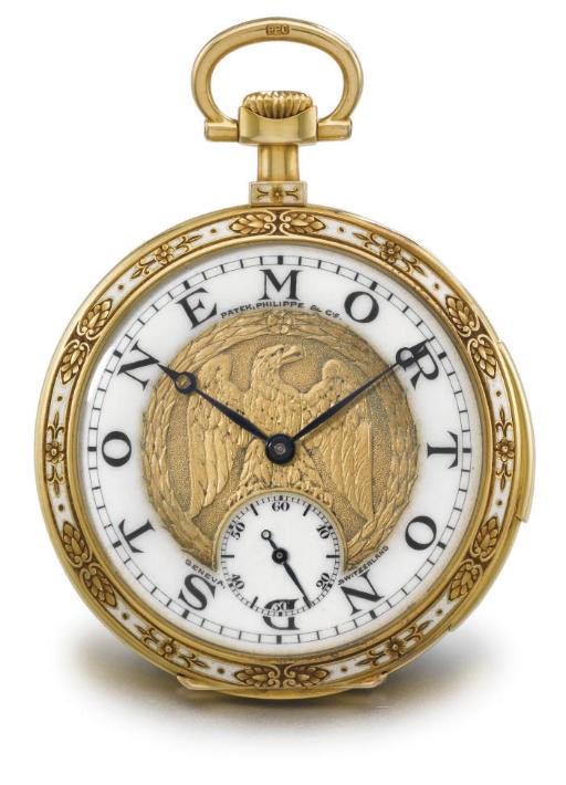 Patek Philippe. A very fine and unique 18K gold and enamel openface minute repeating keyless lever watch