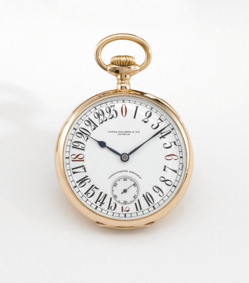Patek Philippe. A fine, rare and large 18K pink gold openface keyless lever watch with 24 hour dial