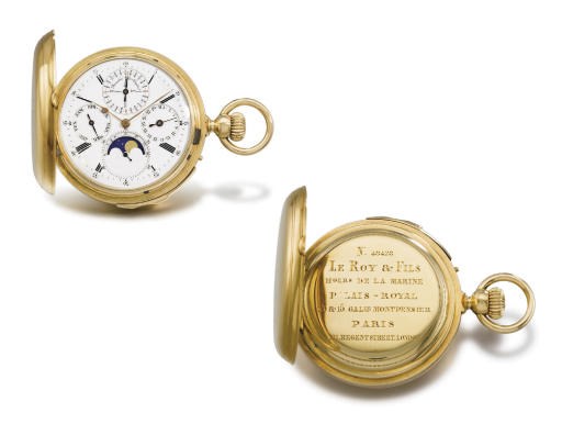 Louis Audemars, made for Le Roy & Fils. A very fine and rare 18K gold hunter case minute repeating perpetual calendar keyless lever watch with phases of the moon