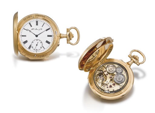 Henry Moser. A fine and rare 18K gold hunter case quarter repeating two train grande and petite sonnerie keyless lever clockwatch, made for the Russian Market