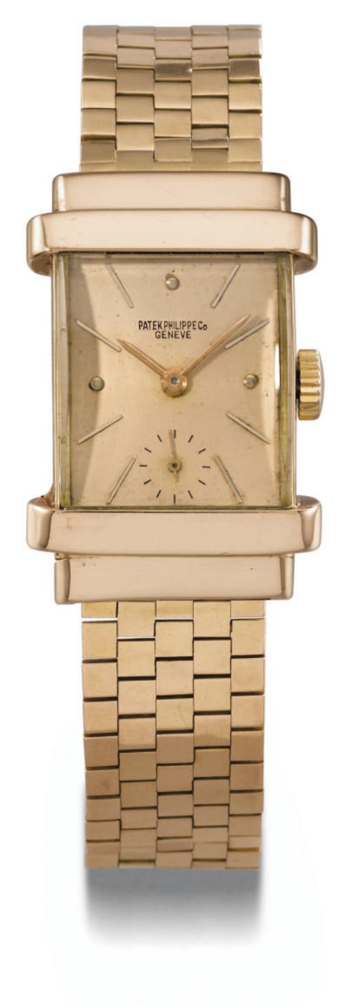 Patek Philippe. A fine 18K pink gold rectangular wristwatch with pink dial and Gay Freres bracelet