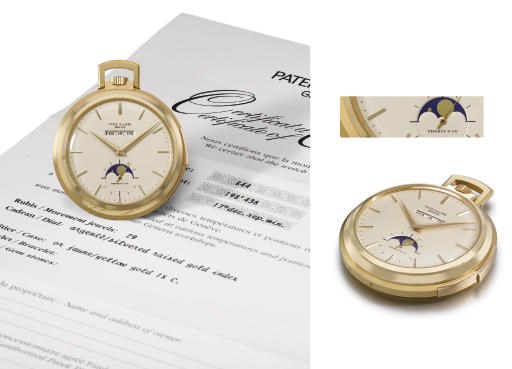 Patek Philippe. A very fine and rare 18K gold openface minute repeating perpetual calendar keyless lever watch with phases of the moon, original certificate and box