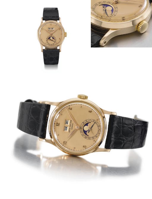 Patek Philippe. A very fine and rare 18K pink gold perpetual calendar wristwatch with phases of the moon and pink dial