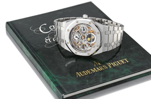 Audemars Piguet. A fine, rare and large stainless steel limited edition self-winding water-resistant skeletonized perpetual calendar wristwatch with phases of the moon and bracelet