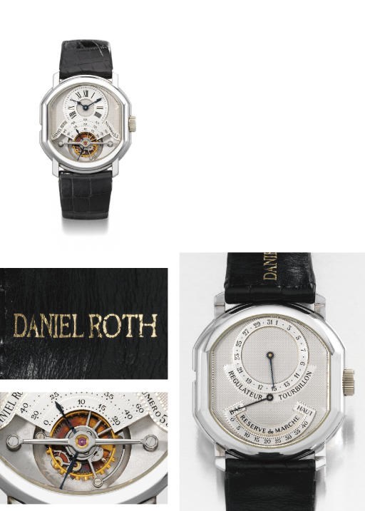 Daniel Roth. A very fine and rare 18K white gold barrel-shaped double dial tourbillon wristwatch with date and power reserve