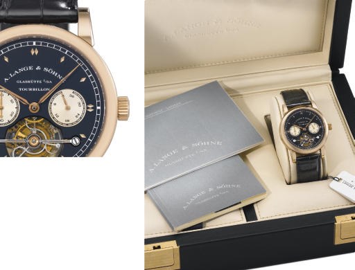 A. Lange & Söhne. A very fine and rare 18K pink gold limited edition one minute tourbillon wristwatch with chain fusée, up and down indicator and black dial