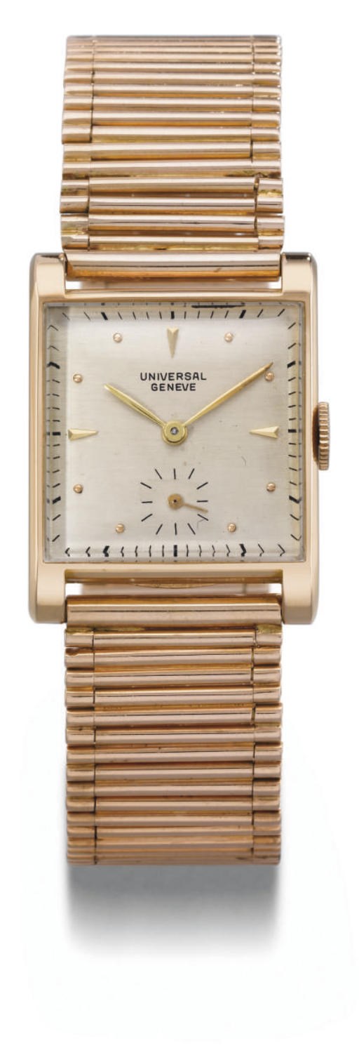 Universal. An 18K pink gold square wristwatch