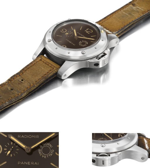 Panerai. An extremely rare and oversized stainless steel water-resistant diver's wristwatch with 8-day movement, revolving bezel and brown-coloured dial, made for the Egyptian Navy