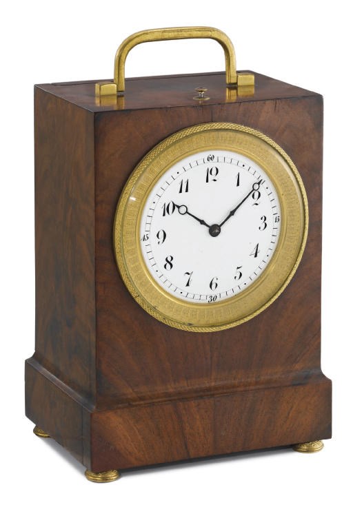 Breguet. A fine and unusual gilt brass and mahogany three train quarter repeating and striking carriage clock with alarm