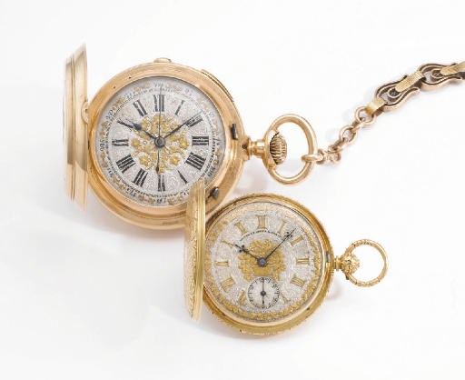 Huguenin & Vazquez. A lot of one 18K gold hunter case quarter repeating chronograph keyless lever and one 18K gold hunter case cylinder watch, made for the South American market